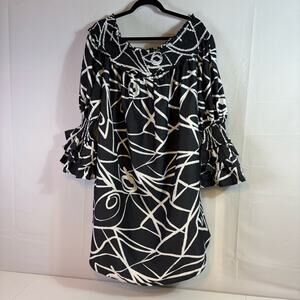 Us Together Black and White A-line Dress with Ruffled Bishop Sleeves 1X J0187